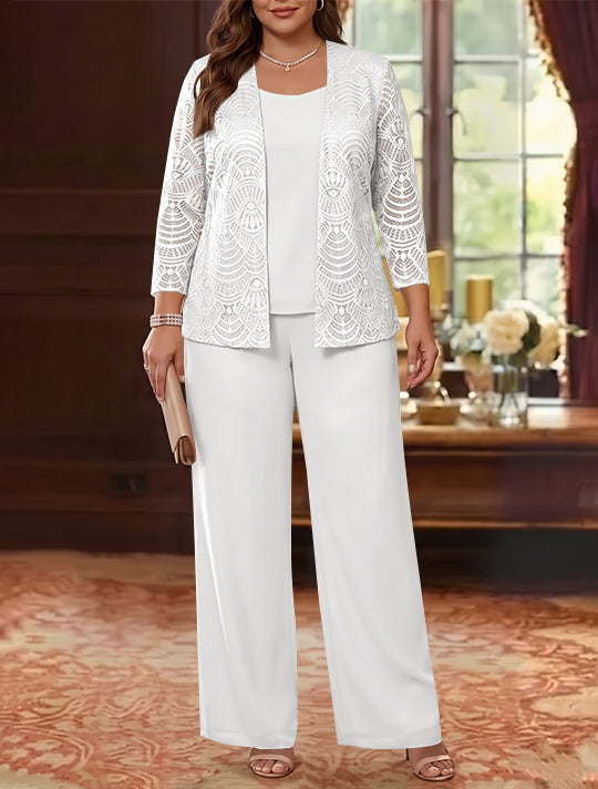 3 Pieces Scoop Chiffon Plus Size Mother of the Bride Pantsuits with Jacket Lace Ankle-Length Long Sleeves