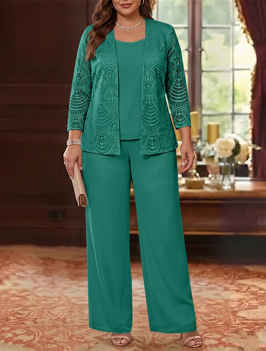 3 Pieces Scoop Chiffon Plus Size Mother of the Bride Pantsuits with Jacket Lace Ankle-Length Long Sleeves