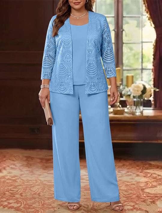 3 Pieces Scoop Chiffon Plus Size Mother of the Bride Pantsuits with Jacket Lace Ankle-Length Long Sleeves
