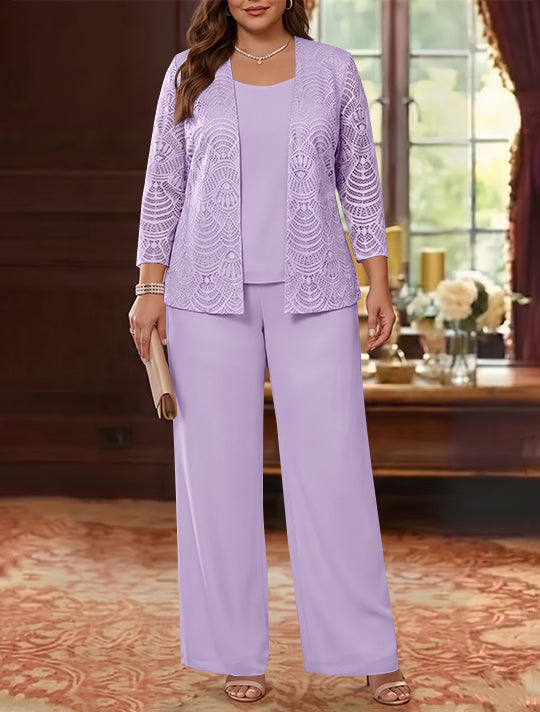 3 Pieces Scoop Chiffon Plus Size Mother of the Bride Pantsuits with Jacket Lace Ankle-Length Long Sleeves