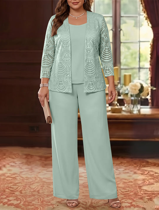 3 Pieces Scoop Chiffon Plus Size Mother of the Bride Pantsuits with Jacket Lace Ankle-Length Long Sleeves