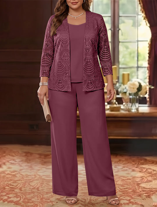 3 Pieces Scoop Chiffon Plus Size Mother of the Bride Pantsuits with Jacket Lace Ankle-Length Long Sleeves