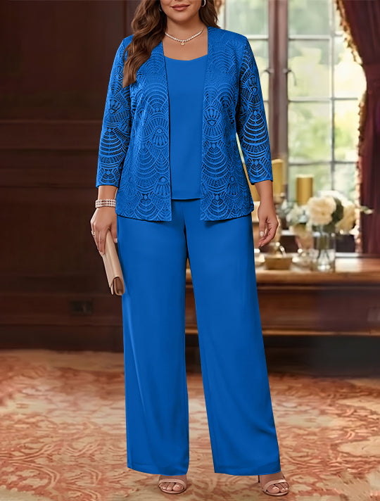 3 Pieces Scoop Chiffon Plus Size Mother of the Bride Pantsuits with Jacket Lace Ankle-Length Long Sleeves