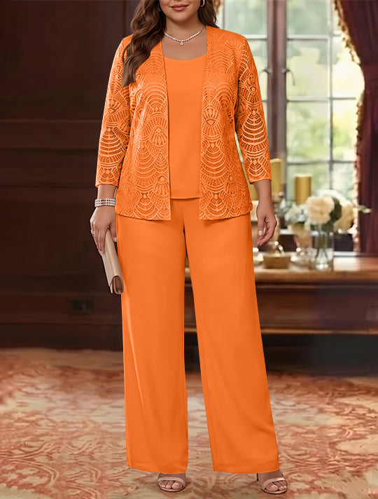 3 Pieces Scoop Chiffon Plus Size Mother of the Bride Pantsuits with Jacket Lace Ankle-Length Long Sleeves