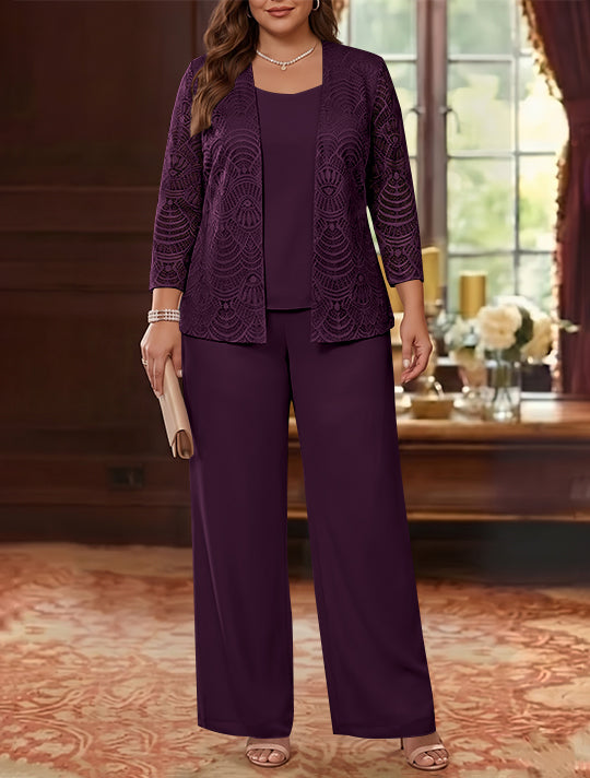 3 Pieces Scoop Chiffon Plus Size Mother of the Bride Pantsuits with Jacket Lace Ankle-Length Long Sleeves