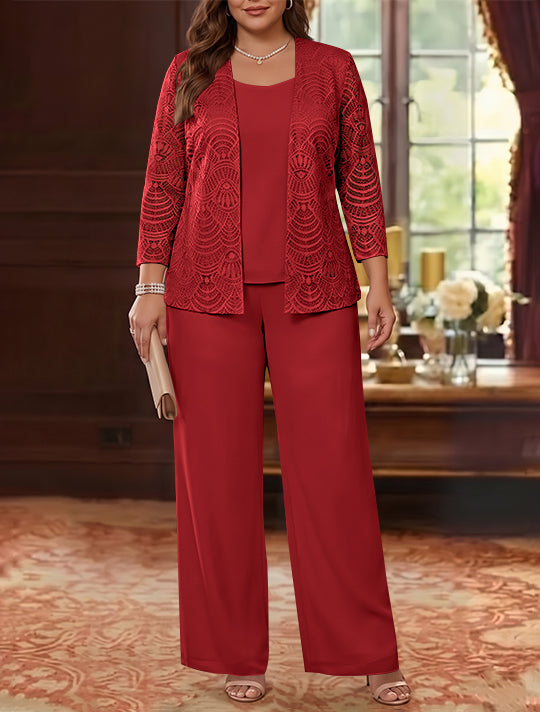 3 Pieces Scoop Chiffon Plus Size Mother of the Bride Pantsuits with Jacket Lace Ankle-Length Long Sleeves