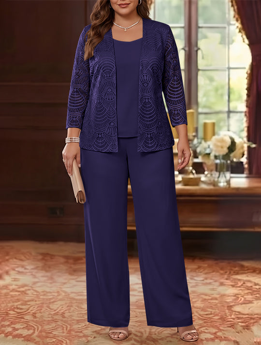 3 Pieces Scoop Chiffon Plus Size Mother of the Bride Pantsuits with Jacket Lace Ankle-Length Long Sleeves