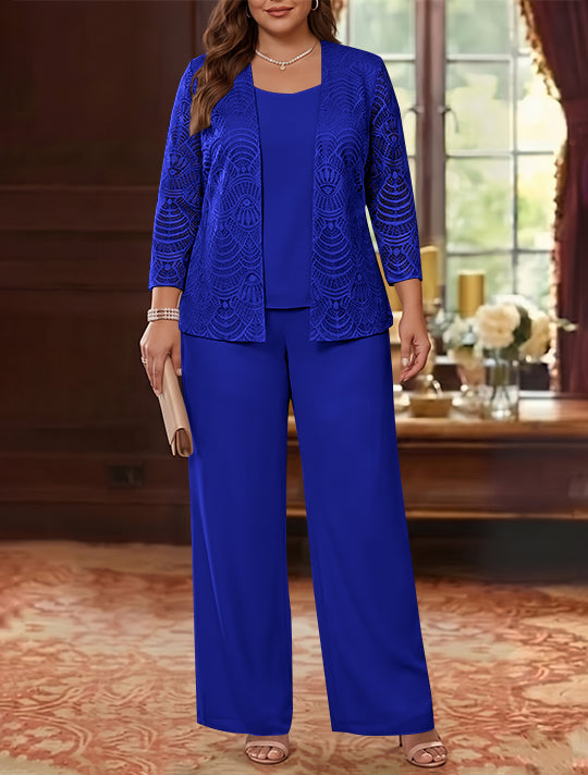 3 Pieces Scoop Chiffon Plus Size Mother of the Bride Pantsuits with Jacket Lace Ankle-Length Long Sleeves