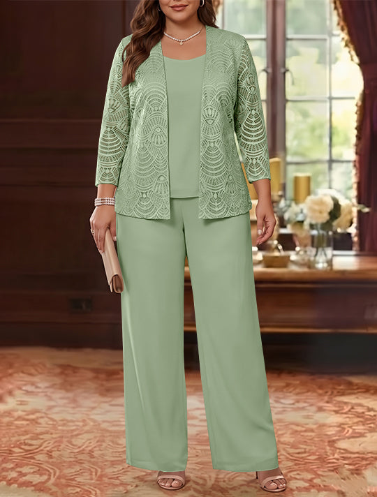 3 Pieces Scoop Chiffon Plus Size Mother of the Bride Pantsuits with Jacket Lace Ankle-Length Long Sleeves