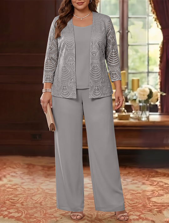 3 Pieces Scoop Chiffon Plus Size Mother of the Bride Pantsuits with Jacket Lace Ankle-Length Long Sleeves