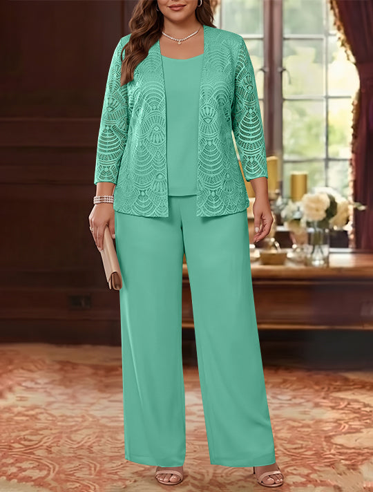 3 Pieces Scoop Chiffon Plus Size Mother of the Bride Pantsuits with Jacket Lace Ankle-Length Long Sleeves