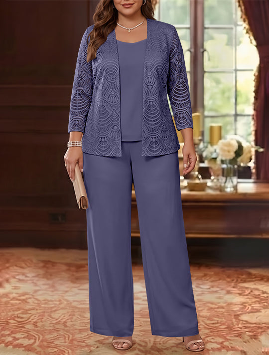 3 Pieces Scoop Chiffon Plus Size Mother of the Bride Pantsuits with Jacket Lace Ankle-Length Long Sleeves