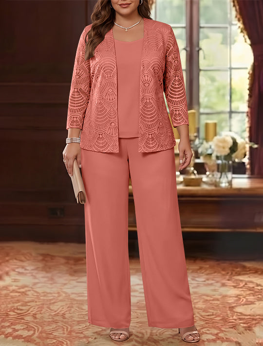 3 Pieces Scoop Chiffon Plus Size Mother of the Bride Pantsuits with Jacket Lace Ankle-Length Long Sleeves