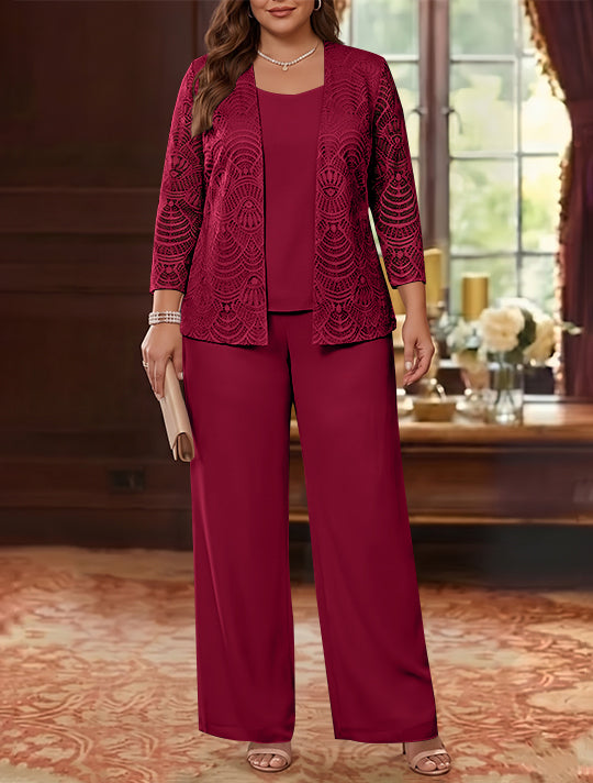 3 Pieces Scoop Chiffon Plus Size Mother of the Bride Pantsuits with Jacket Lace Ankle-Length Long Sleeves