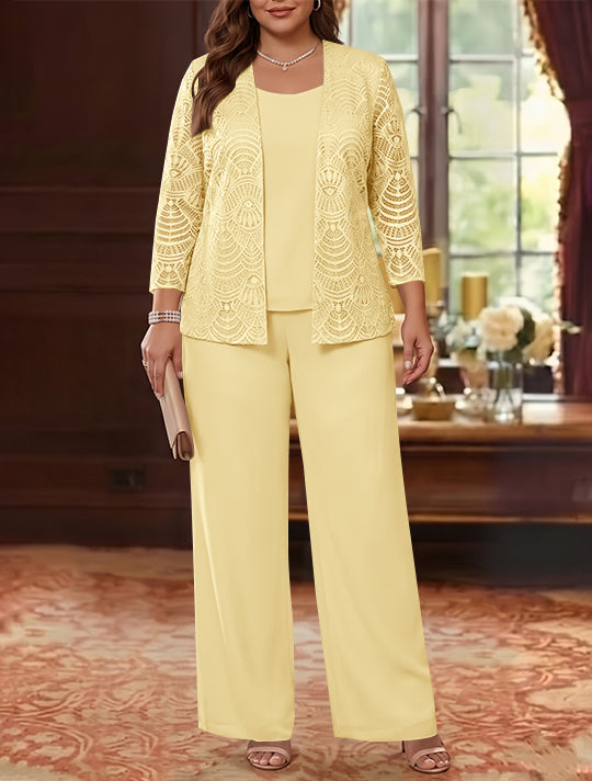 3 Pieces Scoop Chiffon Plus Size Mother of the Bride Pantsuits with Jacket Lace Ankle-Length Long Sleeves