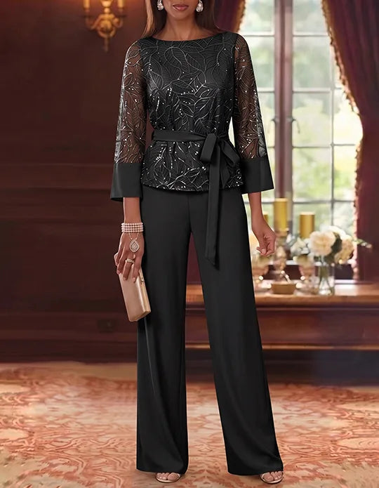 2 Pieces Boat Neck Chiffon Mother of the Bride Pantsuits 3/4 Sleeves Floor-Length Belt Lace Sequin