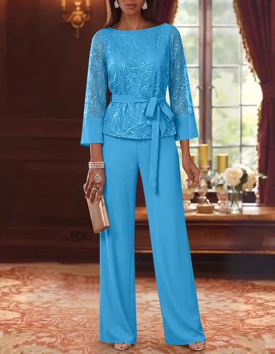 2 Pieces Boat Neck Chiffon Mother of the Bride Pantsuits 3/4 Sleeves Floor-Length Belt Lace Sequin