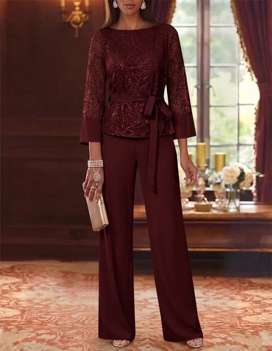 2 Pieces Boat Neck Chiffon Mother of the Bride Pantsuits 3/4 Sleeves Floor-Length Belt Lace Sequin