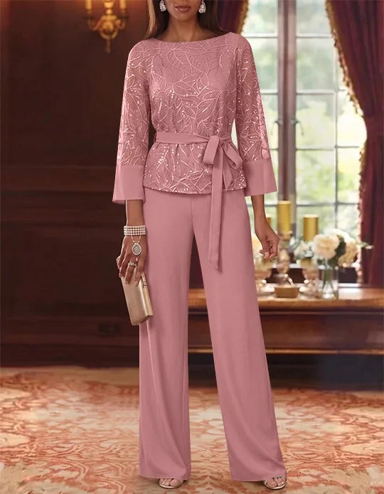 2 Pieces Boat Neck Chiffon Mother of the Bride Pantsuits 3/4 Sleeves Floor-Length Belt Lace Sequin