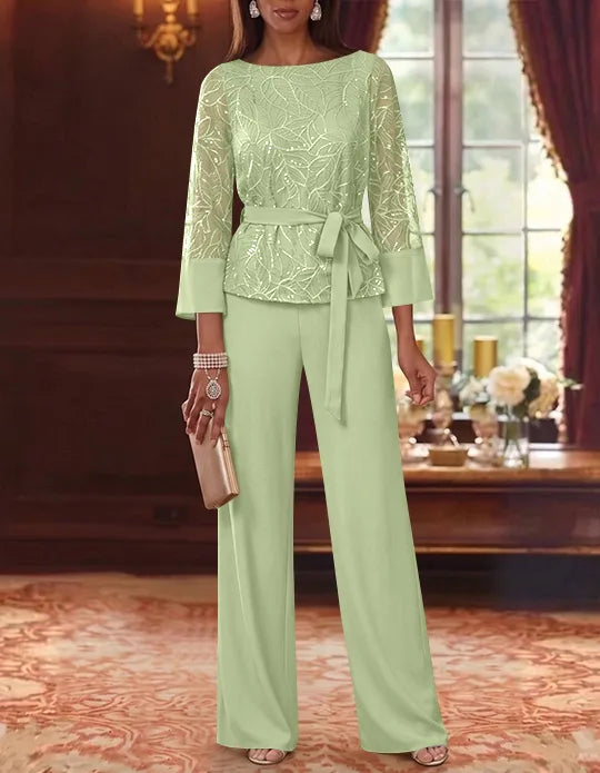2 Pieces Boat Neck Chiffon Mother of the Bride Pantsuits 3/4 Sleeves Floor-Length Belt Lace Sequin