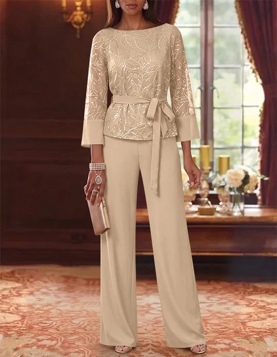 2 Pieces Boat Neck Chiffon Mother of the Bride Pantsuits 3/4 Sleeves Floor-Length Belt Lace Sequin