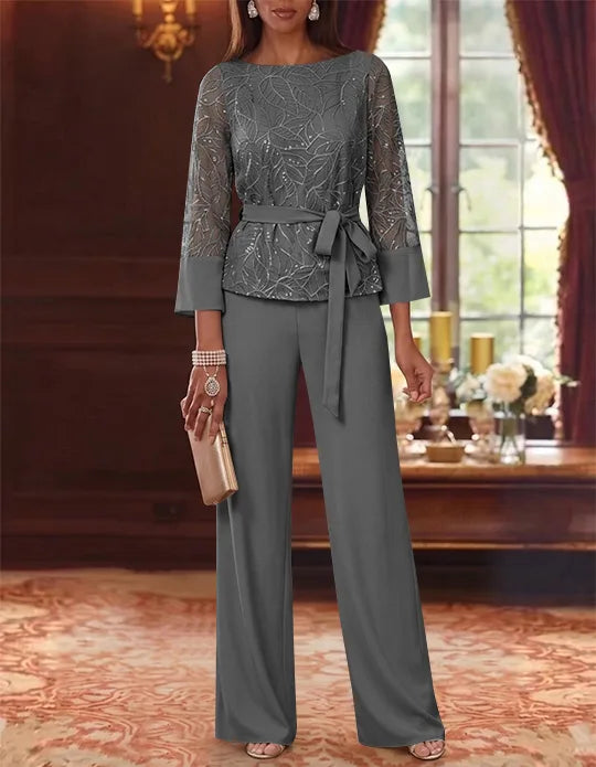 2 Pieces Boat Neck Chiffon Mother of the Bride Pantsuits 3/4 Sleeves Floor-Length Belt Lace Sequin