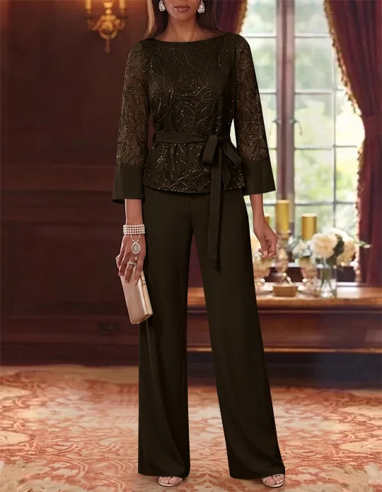 2 Pieces Boat Neck Chiffon Mother of the Bride Pantsuits 3/4 Sleeves Floor-Length Belt Lace Sequin