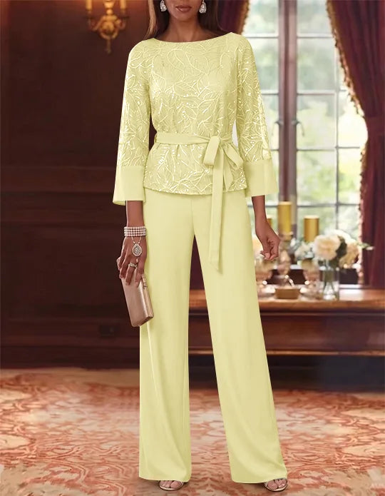 2 Pieces Boat Neck Chiffon Mother of the Bride Pantsuits 3/4 Sleeves Floor-Length Belt Lace Sequin