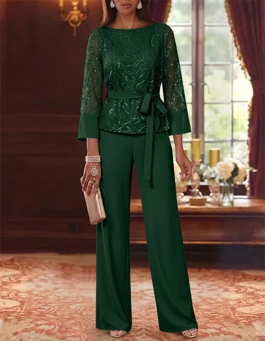 2 Pieces Boat Neck Chiffon Mother of the Bride Pantsuits 3/4 Sleeves Floor-Length Belt Lace Sequin