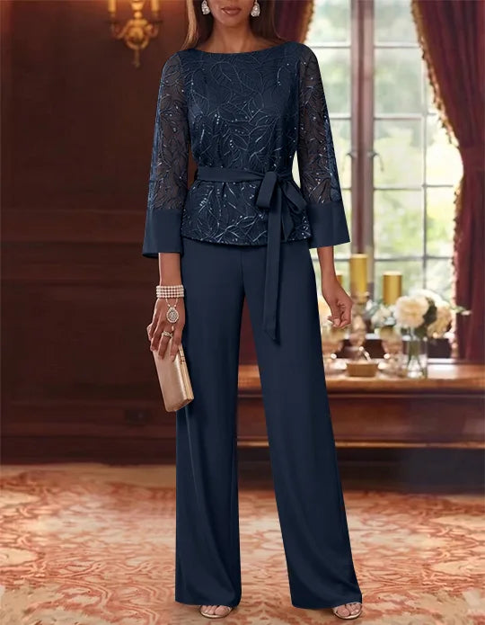 2 Pieces Boat Neck Chiffon Mother of the Bride Pantsuits 3/4 Sleeves Floor-Length Belt Lace Sequin