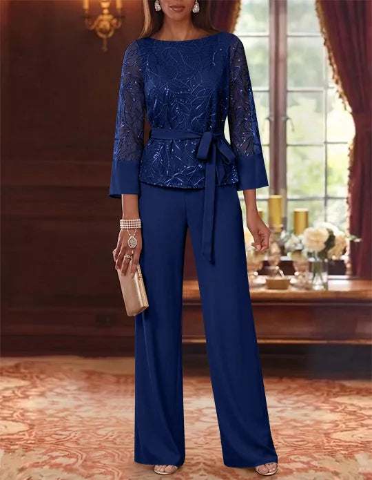 2 Pieces Boat Neck Chiffon Mother of the Bride Pantsuits 3/4 Sleeves Floor-Length Belt Lace Sequin