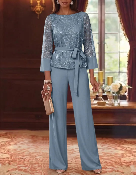 2 Pieces Boat Neck Chiffon Mother of the Bride Pantsuits 3/4 Sleeves Floor-Length Belt Lace Sequin