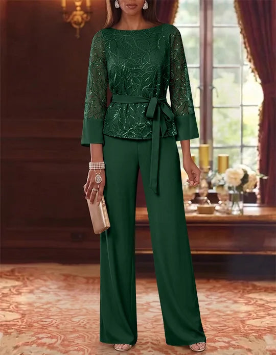 2 Pieces Boat Neck Chiffon Mother of the Bride Pantsuits 3/4 Sleeves Floor-Length Belt Lace Sequin