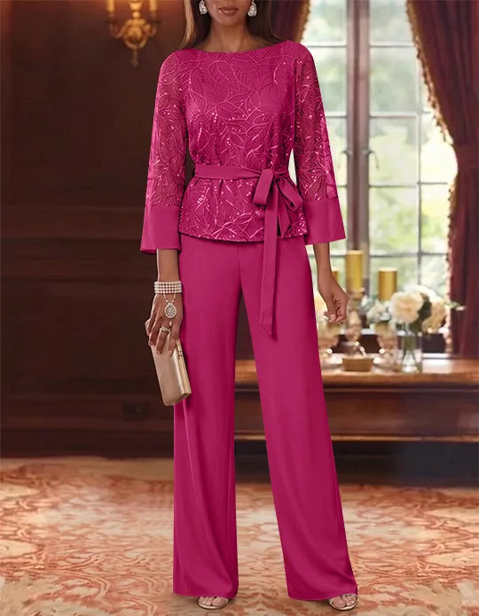 2 Pieces Boat Neck Chiffon Mother of the Bride Pantsuits 3/4 Sleeves Floor-Length Belt Lace Sequin