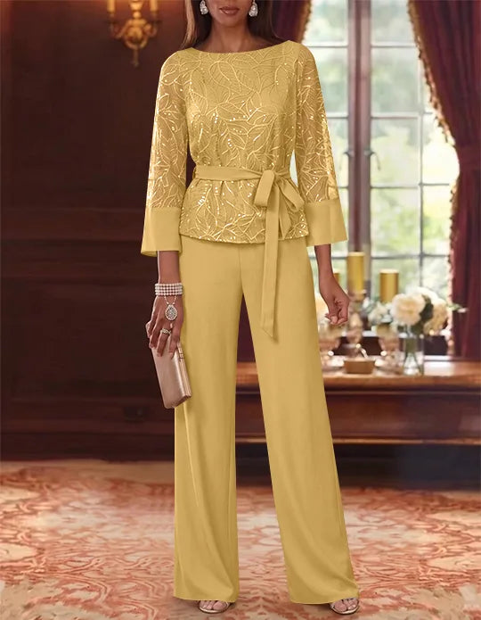 2 Pieces Boat Neck Chiffon Mother of the Bride Pantsuits 3/4 Sleeves Floor-Length Belt Lace Sequin