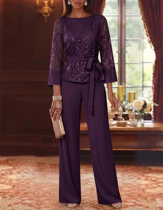 2 Pieces Boat Neck Chiffon Mother of the Bride Pantsuits 3/4 Sleeves Floor-Length Belt Lace Sequin