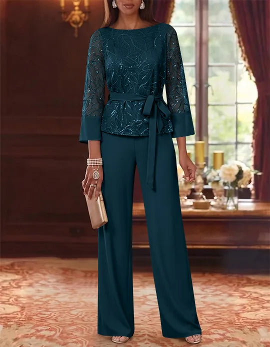 2 Pieces Boat Neck Chiffon Mother of the Bride Pantsuits 3/4 Sleeves Floor-Length Belt Lace Sequin