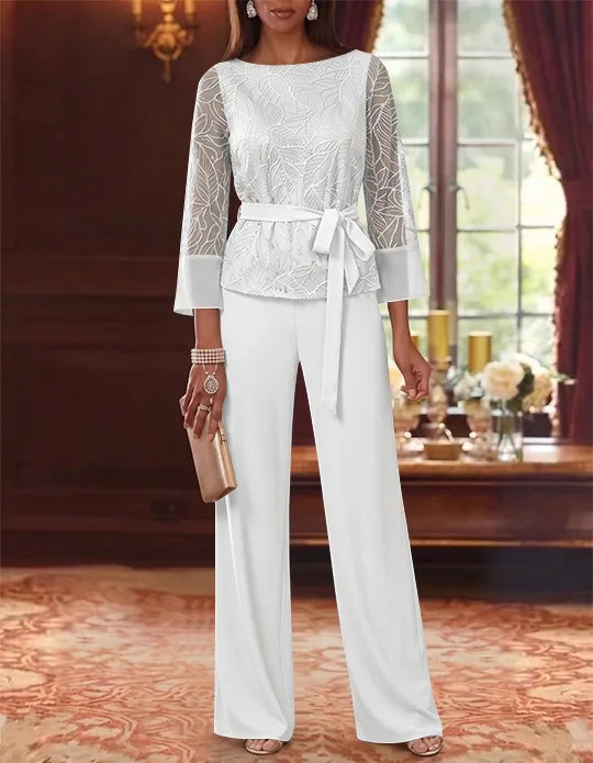 2 Pieces Boat Neck Chiffon Mother of the Bride Pantsuits 3/4 Sleeves Floor-Length Belt Lace Sequin