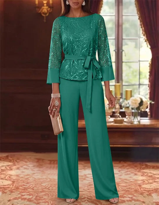 2 Pieces Boat Neck Chiffon Mother of the Bride Pantsuits 3/4 Sleeves Floor-Length Belt Lace Sequin
