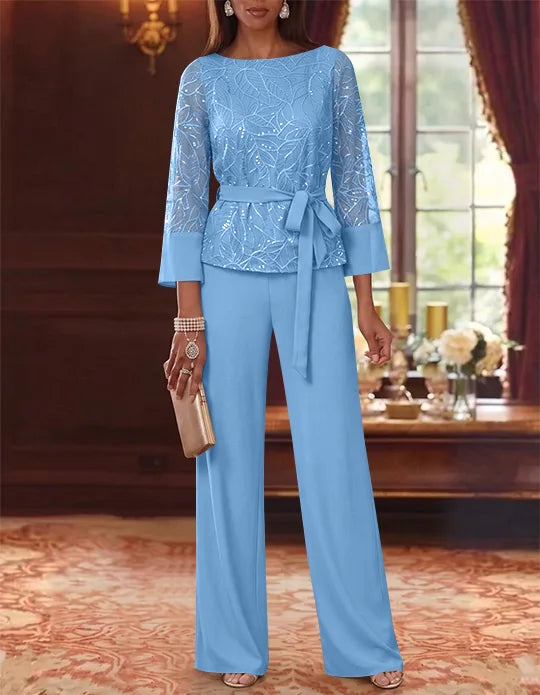 2 Pieces Boat Neck Chiffon Mother of the Bride Pantsuits 3/4 Sleeves Floor-Length Belt Lace Sequin