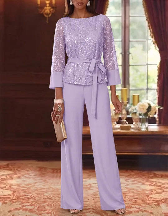 2 Pieces Boat Neck Chiffon Mother of the Bride Pantsuits 3/4 Sleeves Floor-Length Belt Lace Sequin