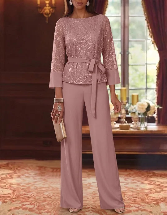 2 Pieces Boat Neck Chiffon Mother of the Bride Pantsuits 3/4 Sleeves Floor-Length Belt Lace Sequin