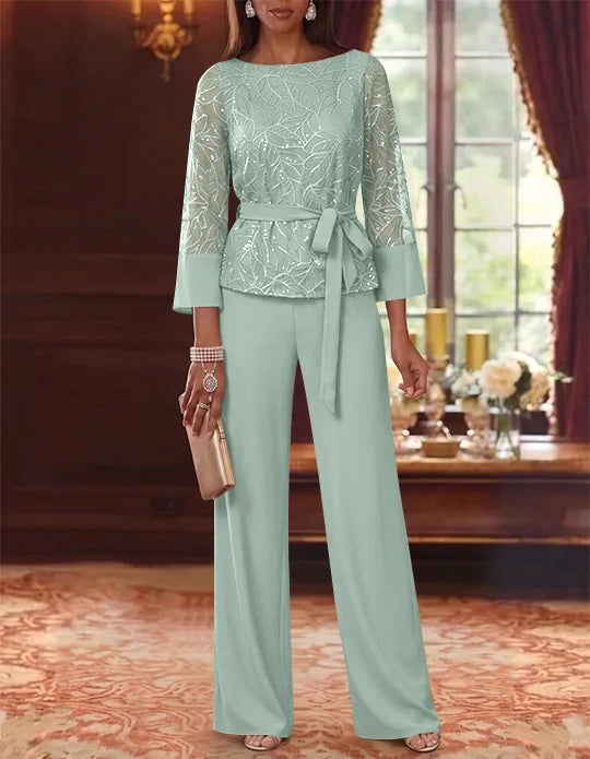 2 Pieces Boat Neck Chiffon Mother of the Bride Pantsuits 3/4 Sleeves Floor-Length Belt Lace Sequin