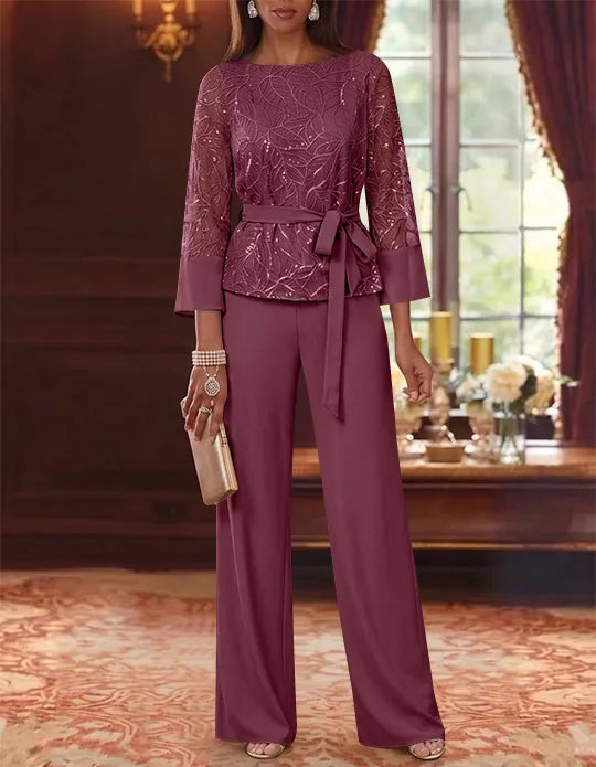 2 Pieces Boat Neck Chiffon Mother of the Bride Pantsuits 3/4 Sleeves Floor-Length Belt Lace Sequin