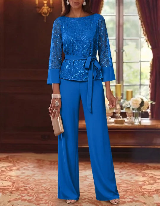 2 Pieces Boat Neck Chiffon Mother of the Bride Pantsuits 3/4 Sleeves Floor-Length Belt Lace Sequin