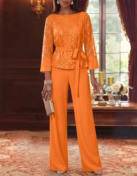 2 Pieces Boat Neck Chiffon Mother of the Bride Pantsuits 3/4 Sleeves Floor-Length Belt Lace Sequin