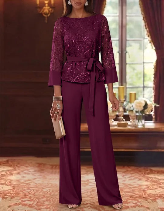 2 Pieces Boat Neck Chiffon Mother of the Bride Pantsuits 3/4 Sleeves Floor-Length Belt Lace Sequin
