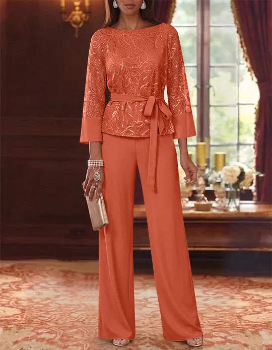 2 Pieces Boat Neck Chiffon Mother of the Bride Pantsuits 3/4 Sleeves Floor-Length Belt Lace Sequin
