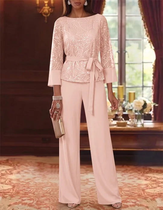 2 Pieces Boat Neck Chiffon Mother of the Bride Pantsuits 3/4 Sleeves Floor-Length Belt Lace Sequin