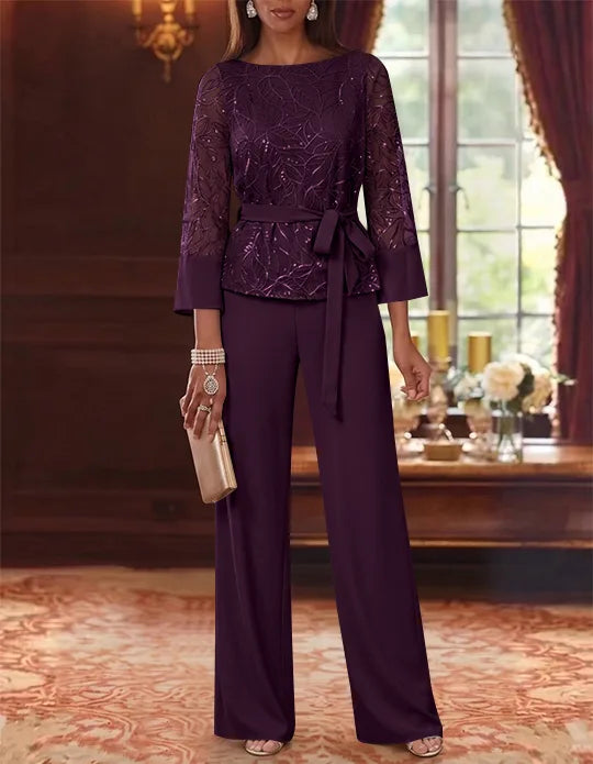 2 Pieces Boat Neck Chiffon Mother of the Bride Pantsuits 3/4 Sleeves Floor-Length Belt Lace Sequin